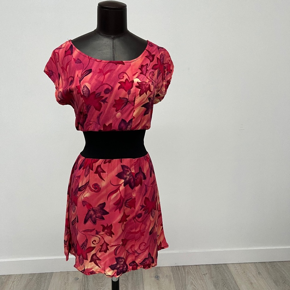 Floral Pink & Burgundy Chiffon Mini Dress | Feminine Fit & Flare